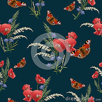 Red poppies with charming butterflies and field grass look great on a dark green background. Vector Illustration